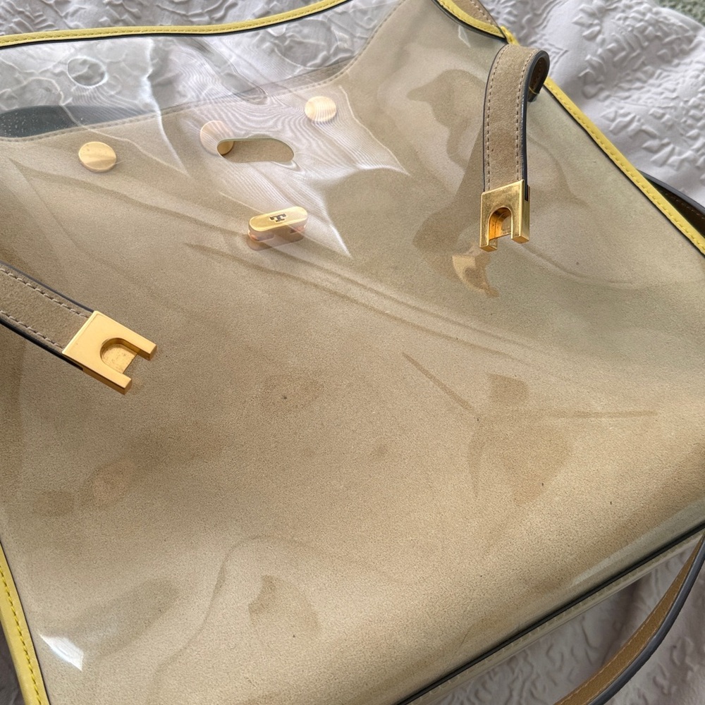 Tory Burch Lee Radziwill Raincoat Double Leather Bag Satchel Beige Yellow Bag - Picture 17 of 17